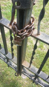 Lock on the front of the gate.