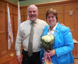 Mayor Brian P. Sullivan and retiring WPS Superintendent Dr. Suzanne Scallion following a presentation thanking her at the School Committee on Monday. (Photo by Amy Porter)