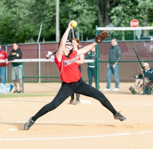 Westfield pitcher Hayley Moniz winds up for a Division 1 softball semifinal pitch Wednesday at the University of Massachusetts-Amherst. The Bombers shut out the top-seeded Minnechaug Falcons, 4-0, to advance to Saturday's championship game. (Photo by Bill Deren)