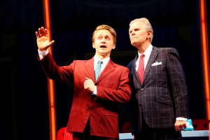 Riley Costello and Fred Grandy  in How to Succeed... through June 12 at Connecticut Repertory Theatre. Photo by Gerry Goodstein.
