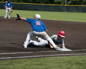 Matt Pelletier beats the pickoff by a fraction of a second. (Photo by David Flaherty)