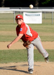 Westfield National pitcher Cam Hoynoski delivers a pitch against Amherst in a Little League Baseball 11-12-Year-Old All-Stars district tournament game Wednesday night at Mill River Recreation Park in Amherst. (Photo by Chris Putz)