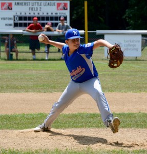 Westfield American pitcher Kareem Zaghloul winds up to pitch against Amherst in Saturday’s Little League Baseball 11-12-Year-Old All-Stars district championship at Miller Recreation Park. (Photo by Chris Putz)