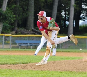 Tri County’s pitcher (24) Janek Luksza has a great follow through. (Photo by Lynn F. Boscher)