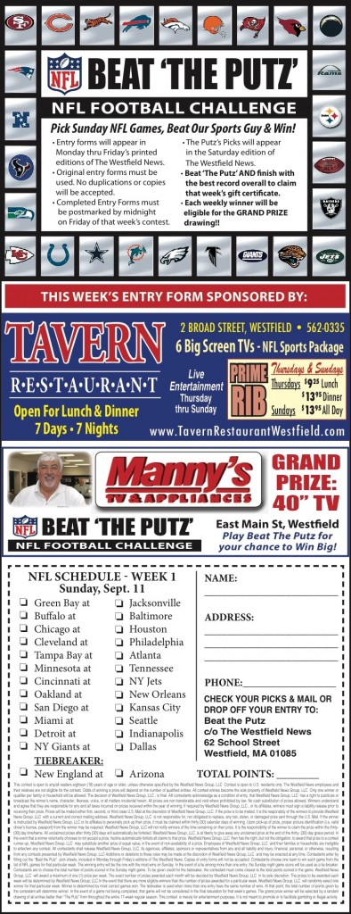 Pick up a copy of The Westfield News, beginning Friday, Sept. 2 for the official "Beat 'The Putz'" contest form. No copies or facsimiles will be accepted. Deadline for Week 1 entry forms is midnight Friday, Sept. 9.