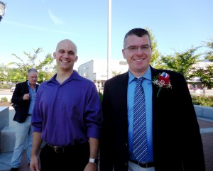 (l-r) Chris Rogers, who has taken on a new role in the district as administrator of student interventions and Superintendent Stefan Czaporowski on hand at the Meet and Greet at Park Square Pavilion on Wednesday. (Photo by Amy Porter)