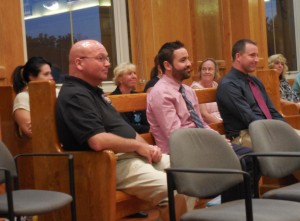 New Westfield principals Joseph Langone, Salvatore Frieri and Charles Jendrysik were among the staff in attendance at the School Committee meeting on Monday. (Photo by Amy Porter)