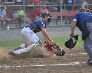 Pittsfield (Mass.) attempts to stop Tri-County (Maine) from scoring on this play at the plate in a Babe Ruth Baseball 14-Year-Old World Series game Monday night at Bullens Field. (Photo by Marc St. Onge)