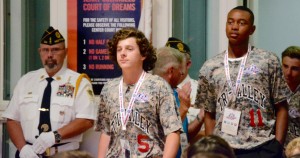 Michael O’Hara (5) and Jaden Sheppard (11) begin Tri-Valley, California’s march into the banquet hall at the Naismith Memorial Basketball Hall of Fame Wednesday night in Springfield. (Photo by Chris Putz)