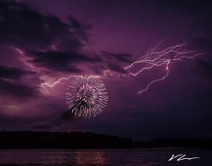 This is the image Vinny Caruso submitted to the Weather Channel contest. The image is from the July 2026 fireworks over Otis Reservoir with a lightening bolt piercing the sky in the background (photo by Vincent Caruso)