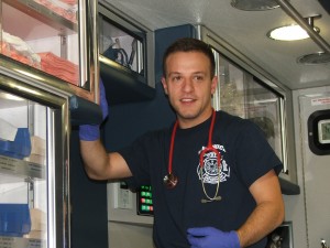 Tyler Buscemi of Southwick Fire getting acclimated to the back of an ambulance. He is a firefighter taking this year's EMT course. 