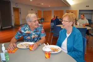 Robert Merriman and Marylyn Smith were among the more than 100 attendees of the final "Alan's 2 for $2 Pancake Breakfast" at the Westfield Senior Center on Friday morning.