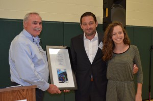 Emanuel "Manny" Sardinha and his daughter, Victoria Sardinha, receive the Helping Hand Award from Bill Parks, executive director, Boys & Girls Club of Greater Westfield.