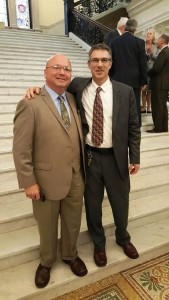 Westfield Technical Academy principal Jim Langone and career technical director Peter Taloumis on the steps of the State House on Monday, to receive the official announacement of the $500,000 Skills Capital grant award. (Submitted photo)