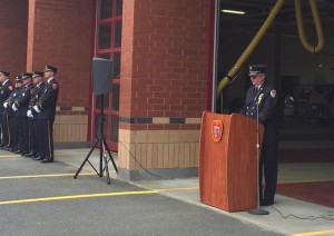 Fire Chaplain for Nesconset Fire Department in Long Island, Mark Little, addresses the crowd about 9/11. (Photo by Greg Fitzpatrick)