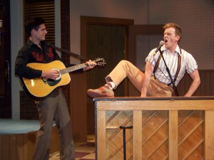 Corbin Mayer as Johnny Cash and Brian Michael Henry as Jerry Lee Lewis in Million Dollar Quartet, at the Majestic Theater. Photo: Lee Chambers
