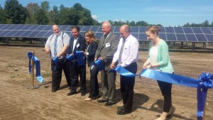 The ribbon-cutting at the Russellville Road solar installation. From left to right: Sen. Don Humason, CED CEO Mark Noyes, Lt. Gov. Karyn Polito, Mayor Brian Sullivan, Westfield G and E GM Dan Howard and Rep. Velis aide Brenna Closius