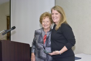 Catherine Aborjaily, left, is presented the YMCA Spirit Award by YMCA Executive Director Andrea Allard during last week’s YMCA of Greater Westfield 2016 Awards Dinner at Tekoa Country Club. (submitted Photo)
