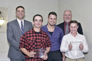 State Rep. John Velis, D-Westfield, Tony Casale, YMCA fitness instructor, and Westfield Mayor Brian P. Sullivan, join YMCA Youth of the Year Award winners Andrew Dion and Justin Haluch during last week’s YMCA of Greater Westfield 2016 Awards Dinner at Tekoa Country Club. (submitted Photo)