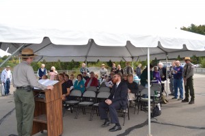 Matthew Coleman, project manager, Littleville Lake and Knightville Dam, makes welcoming remarks as the 50th anniversary of Littleville Lake and the 75th anniversary of Knightville Dam were celebrated Saturday morning.