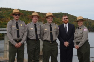Among those celebrating the 50th anniversary of Littleville Lake and the 75th anniversary of Knightville Dam were Colin Monkiewicz, park ranger; Matthew Coleman, project manager, Littleville Lake and Knightville Dam; Keith Goulet, park ranger; Steven Lehmann, basin manager, Lower Connecticut River Basin, U.S. Army Corps of Engineers, New England District, and Brooke Dube, park ranger.
