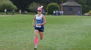 Westfield State runner Jessie Cardin leads late in the race by a wide margin in winning the 2016 James Earley Invitational at Stanley Park on Saturday, October 8. (Photo courtesy of Westfield State University Sports)