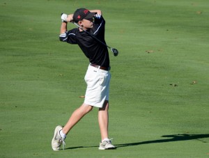 Westfield’s No. 2 Jack Hogan follows through with a swing on the first hole. (Photo by Chris Putz)