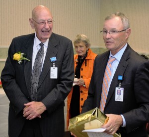 Retiring pastoral care volunteer Jack Wolfe and Baystate Noble president Ronald Bryant at a reception in Wolfe's honor on Thursday. (Photo by Lynn F. Boscher)