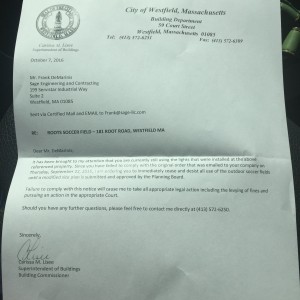 An image of a cease and desist letter obtained by The Westfield News that was sent to Sage Engineering and Contracting regarding the Roots athletic facility  in Westfield. (WNG File photo)