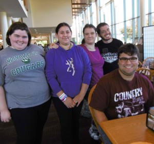 Annalise St. Marie (second from left) a peer mentor on campus, with students Shannon Robitaille, Allison Jackowski, Kyle Reardon and Chris Mullins. (Photo by Amy Porter)