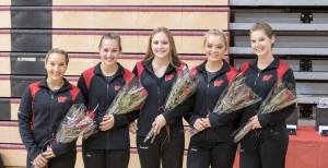 Westfild senior gymnasts share a fun moment Tuesday. Pictured from left to right are: Carly Thayer, Elizabeth Walker, Kendall Neidig, Gabriella Sibilia and Jenna Hines. (Photo by Bill Deren)