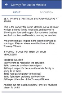 Social media notice to encourage participants in a vehicle convoy from Westfield to West Springfield in honor of Justin Messier (Photo obtained via Facebook)