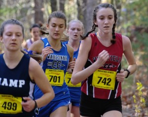 Westfield's Mia McDonald (742) leads the pack in the Western Massachusetts Division 1 girls' cross country championships Sunday at Stanley Park. (Photo by Lynn Boscher)