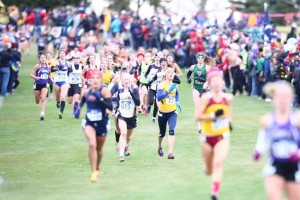 Jessie Cardin, third from left in white singlet and sunglasses, races to the finish at the 2015 NCAA Championship meet. Race winner Abrah Masterson of Cornell (Iowa) College is at front right. (Submitted photo)