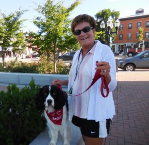 Diane Mayhew and "Maggie" at a School Committee Meet and Greet in Park Square last summer. (Photo by Amy Porter)