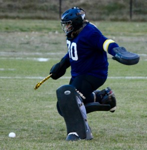 Southwick goalie Sarah Power comes out of net to make one of several saves en route to earning a tremendous shutout in a field hockey playoff opener Thursday at Turners Falls. (Photo by Chris Putz) 