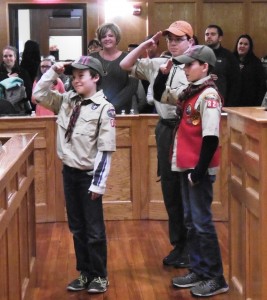 Members of Boy Scout Troop 820 led the School Committee in the Pledge of Allegiance. (Photo by Amy Porter)