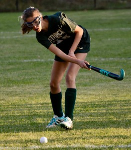 Southwick’s Marissa Longhi slaps the ball up the field. (Photo by Chris Putz)