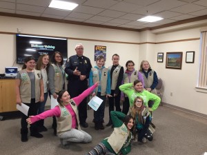 The girl's scout troop in Southwick got a presentation about the dangers of the internet from Southwick Police Lieutenant Kevin Bishop. (Photo by Greg Fitzpatrick)