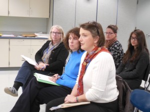 Nurse practitioner Brenda Jaeger and Eliza Lake, CEO of the Hilltown Community Health Centers (center) give an update to the Gateway School Committee Wednesday. (Photo by Amy Porter)