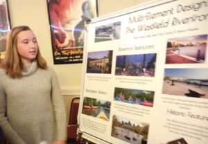 Julie Carroll, a Westfield State freshman from Southwick, talks about her group's ideas for the riverfront area. (Photo by Amy Porter)