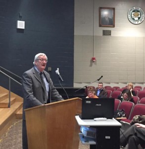 NESDEC consultant John Kennedy present the final school feasibility study during last night's school committee meeting. (Photo by Greg Fitzpatrick)