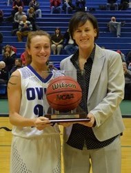 Westfield State's Jill Valley recognized was recognized for reaching her 1,000th point earlier Thursday night. (Photo courtesy of Westfield State Sports)