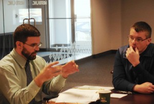 North Middle School guidance counselor Vincent Baker and Westfield Public Schools superintendent Stefan Czaporowski participate in a group. (Photo by Amy Porter)