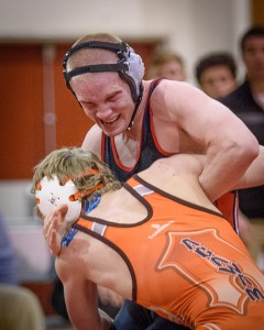 Westfield's Louis Rogers shows determination against Agawam's Hayden Mendraia in a 145-pound match Wednesday night. (Photo by Marc St. Onge)