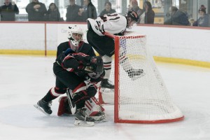 Westfield crashes the net against Marblehead Monday at Amelia Park Ice Arena. (Photo by Bill Deren)