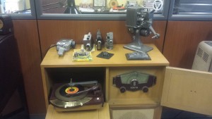 A collection of antique media equipment in Westfield State University's communications department