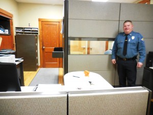 Huntington Police Chief Robert Garriepy shows newly refurbished police department in Town Hall. Garriepy has served as police chief for the town for 25 years. (Photo by Amy Porter)