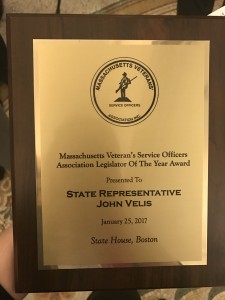 The Massachusetts Veterans’ Service Officers Association award that was presented to John Velis (D-Westfield) as their legislator of the year. (Photo courtesy of the office of State Rep. John Velis)