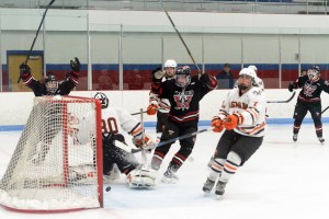Westfield celebrates a goal from Max Bengston Thursday night against Agawam at the Olympia Ice Center in West Springfield. (Photo by Chris Putz)
